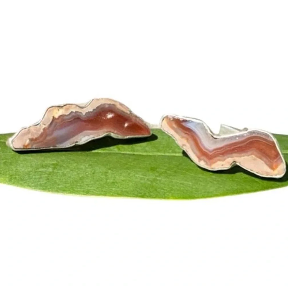 Rare ooak Artisan Sterling & Agate Cufflinks Mexico 1958 Natural Stone Slices